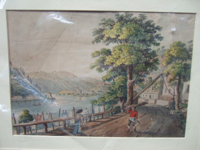 Appraisal: Continental School th century Figures on a riverside road watercolour