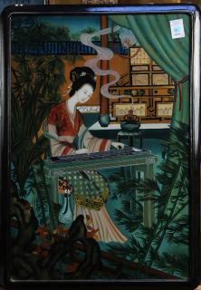 Appraisal: Chinese Reverse Glass Beauty Qin Chinese reverse glass painting featuring