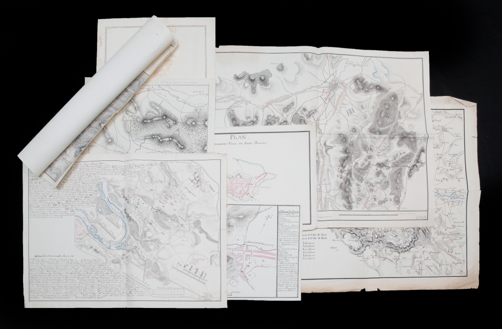 Appraisal: EIGHT EUROPEAN HAND DRAWN MILITARY MAPS Eighteen-early th century pen