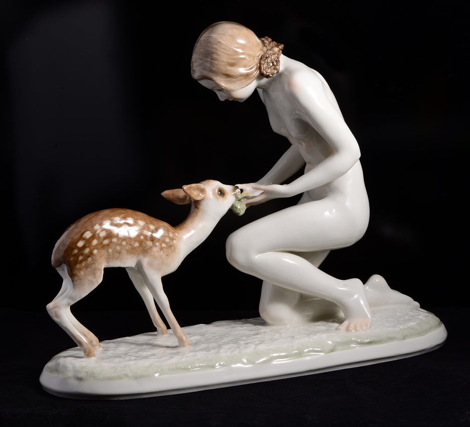 Appraisal: HUTSCHENREUTHER FIGURE OF NUDE MAIDEN WITH DEER Figure of a