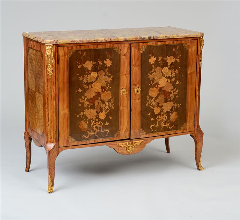 Appraisal: LOUIS XV XVI GILT-BRONZE-MOUNTED TULIPWOOD AND FRUITWOOD MARQUETRY MEUBLE D'APUI