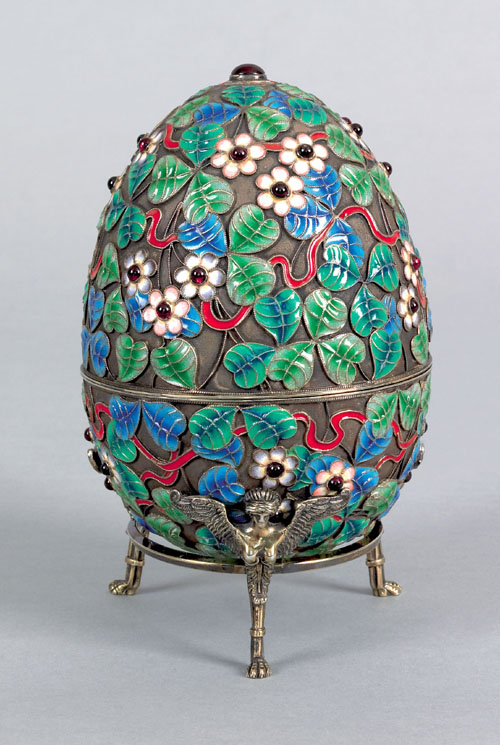 Appraisal: Russian silver enamel and cabochon inlaid egg on stand ca