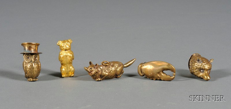 Appraisal: Five Whimsical Gilt-metal Figural Match Safes late th early th