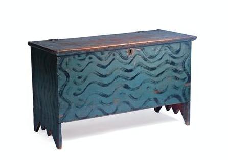 Appraisal: NEW ENGLAND BLUE PAINTED CHILD'S BLANKET BOX WITH SQUIGGLE DECORATION