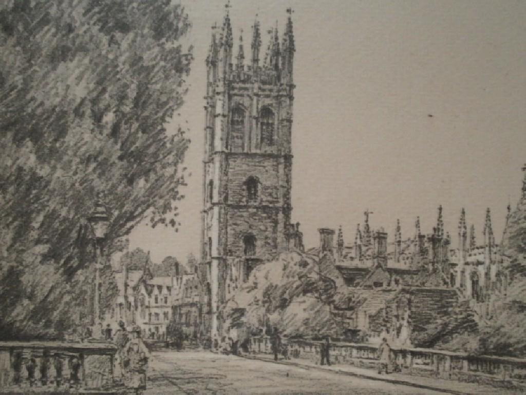 Appraisal: After J W King Magdalen Tower Oxford print signed cm