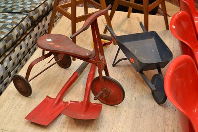 Appraisal: A CHILDREN'S VINTAGE TRICYCLE A WHEEL BARROW AND TWO RED