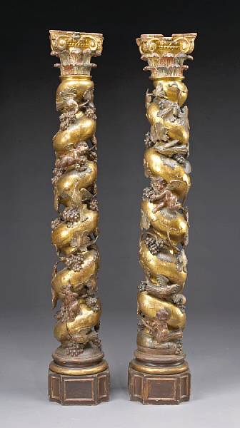 Appraisal: A fine pair of Italian Baroque polychrome decorated giltwood columns