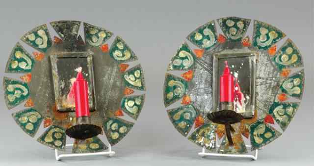 Appraisal: EARLY TIN CANDLE HOLDERS Circular holders cut and painted mirrors