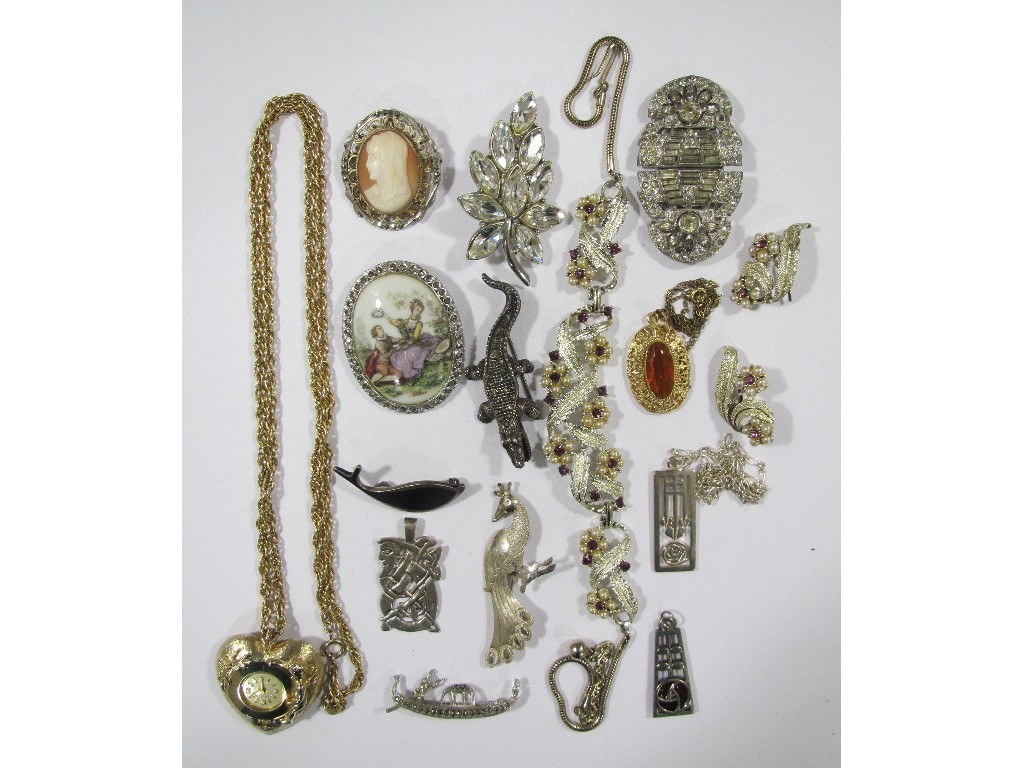 Appraisal: Lot comprising silver brooches watch pendant Limoges brooch silver mounted