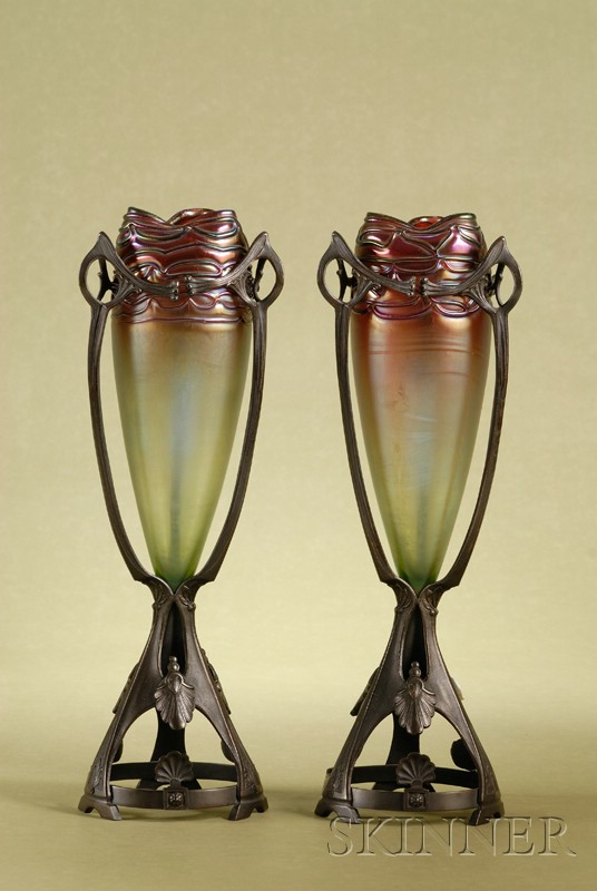 Appraisal: Pair of Austrian Art Nouveau Iridescent Glass and Bronze Mantel