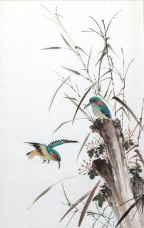 Appraisal: Chinese Ink Painting on Silk Kingfisher birds and bamboo Image