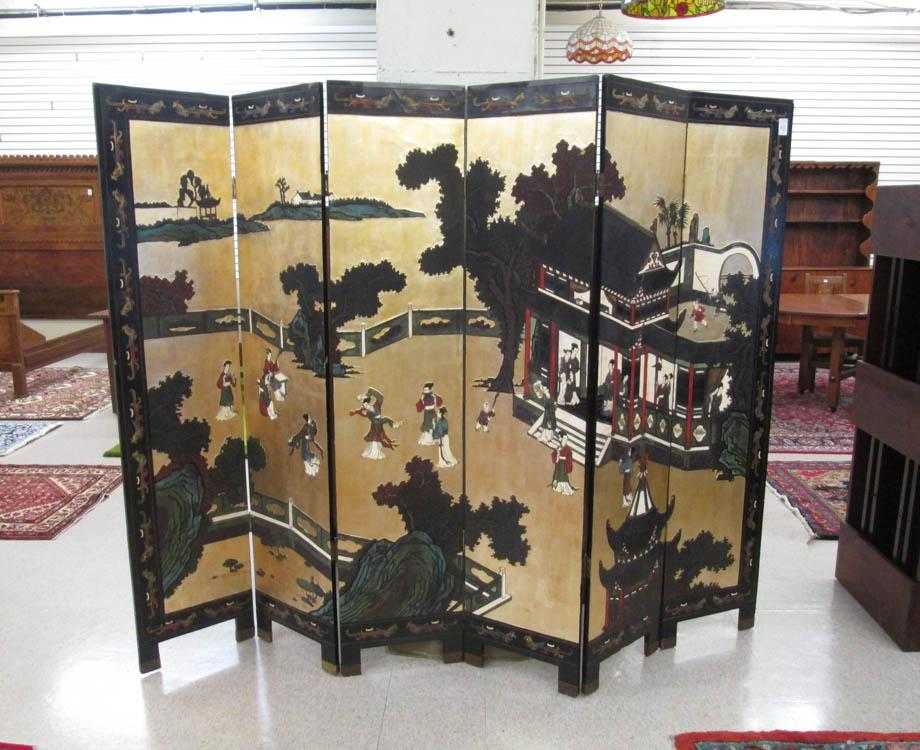 Appraisal: CHINESE SIX-PANEL FLOOR SCREEN the feature side a courtyard scene