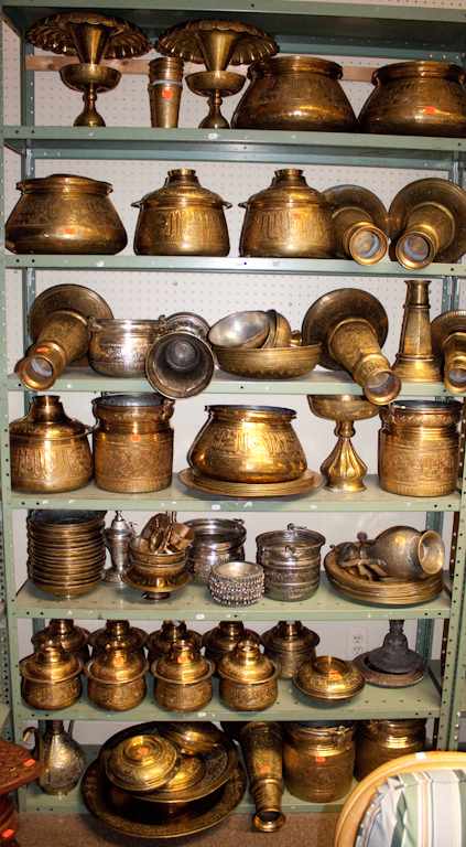 Appraisal: Large assortment of Arabian etched brass and metal items include