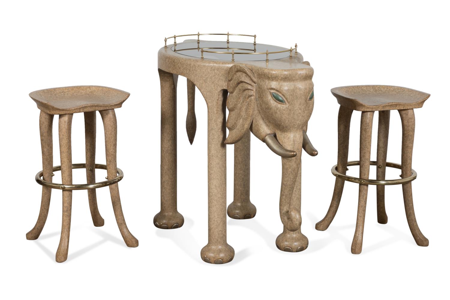 Appraisal: MARGE CARSON ELEPHANT BAR CART TWO STOOLS Marge Carson American