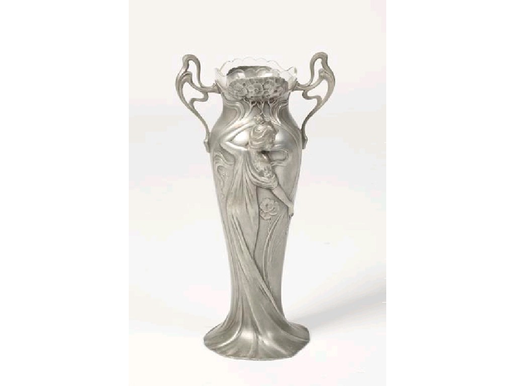 Appraisal: WMF A SILVERED METAL VASE either side decorated with maidens