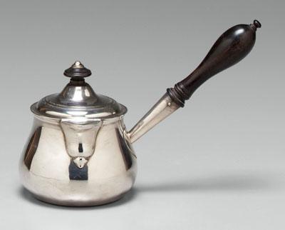 Appraisal: English silver brandy warmer lidded with hinged spout cover wooden