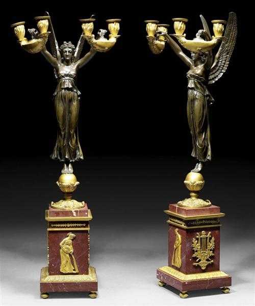 Appraisal: PAIR OF BRONZE AND MARBLE CANDELABRAS A LA VICTOIRE late