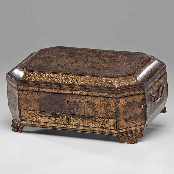 Appraisal: Chinese Gilt Lacquer Sewing Box China ca A gilt lacquer