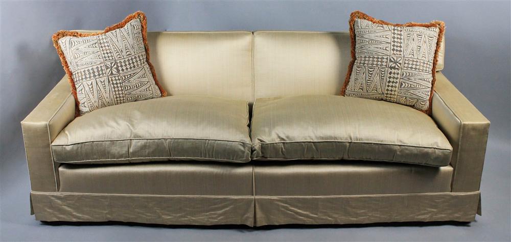 Appraisal: YELLOW SILK THREE SEATER DOWN FILLED SOFA straight seamed back