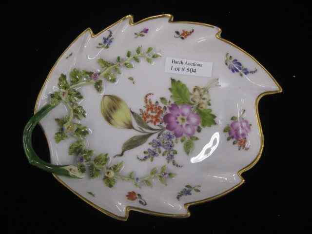 Appraisal: Meissen Porcelain Figural Leaf Dish handpainted floral sprays fancy applied