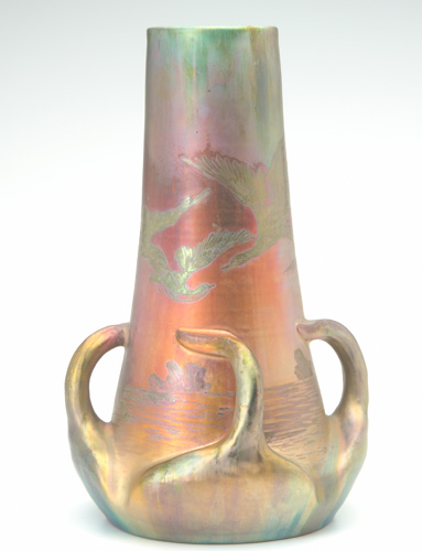 Appraisal: JEROME MASSIER Tall tapering vase painted with flying ducks over