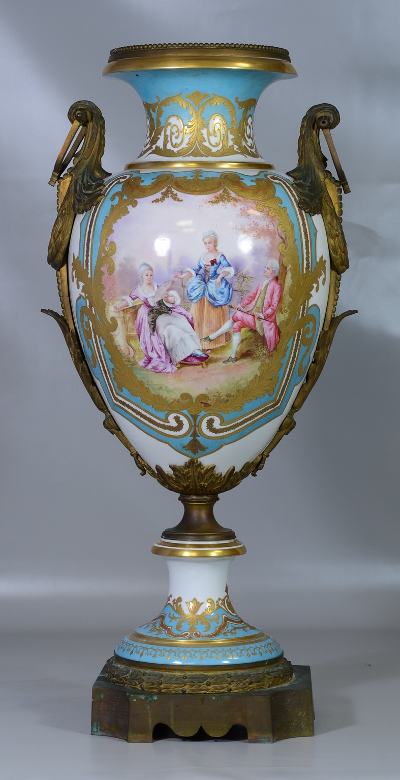 Appraisal: Gilt bronze mounted Sevres style porcelain part urn the robins