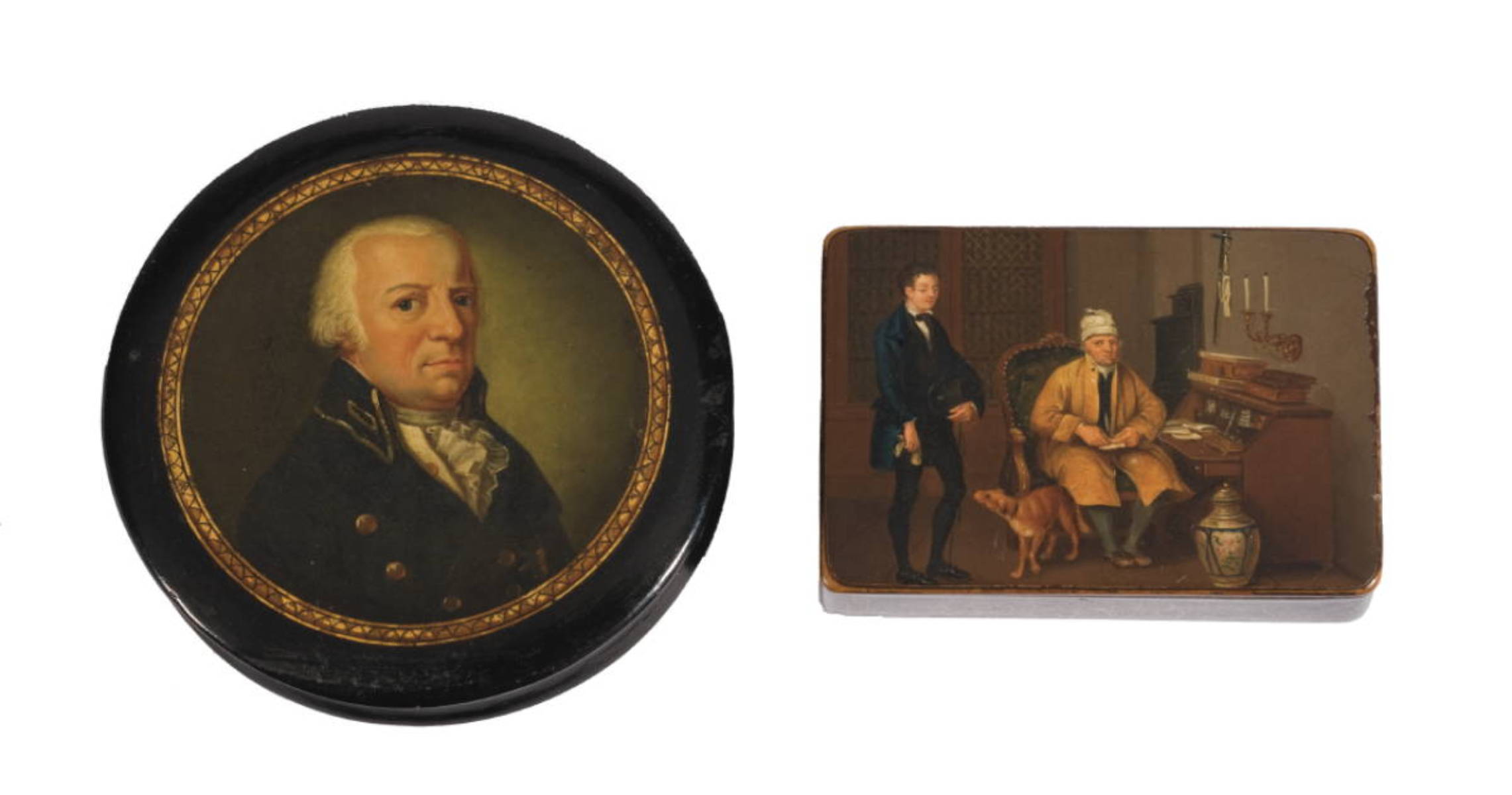 Appraisal: TWO ENGLISH PAPIER MACHE SNUFF BOXES CIRCA - The first