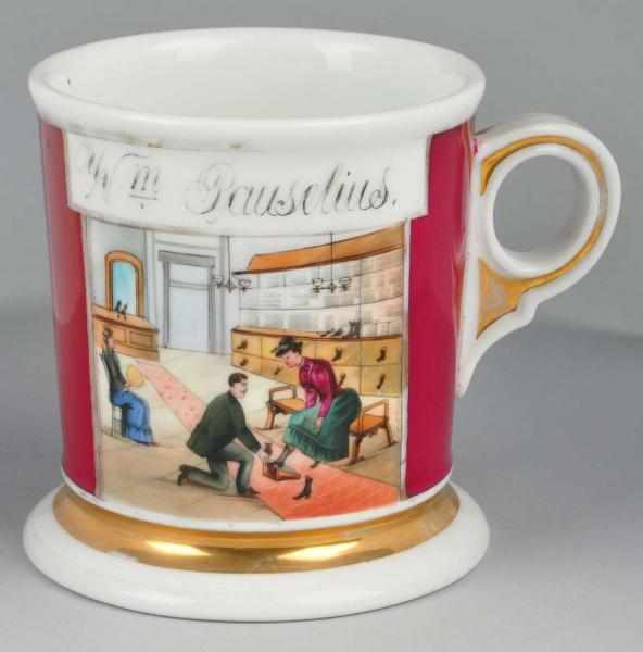 Appraisal: Shoe Salesman Shaving Mug Description Gilt name Wm Pauselius Shows