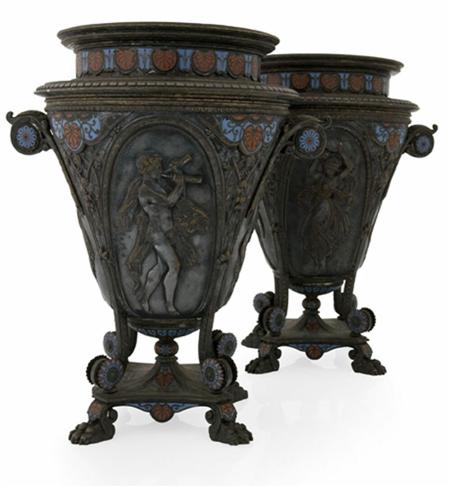 Appraisal: A pair of Grecian Revival silvered bronze and champleve enamel