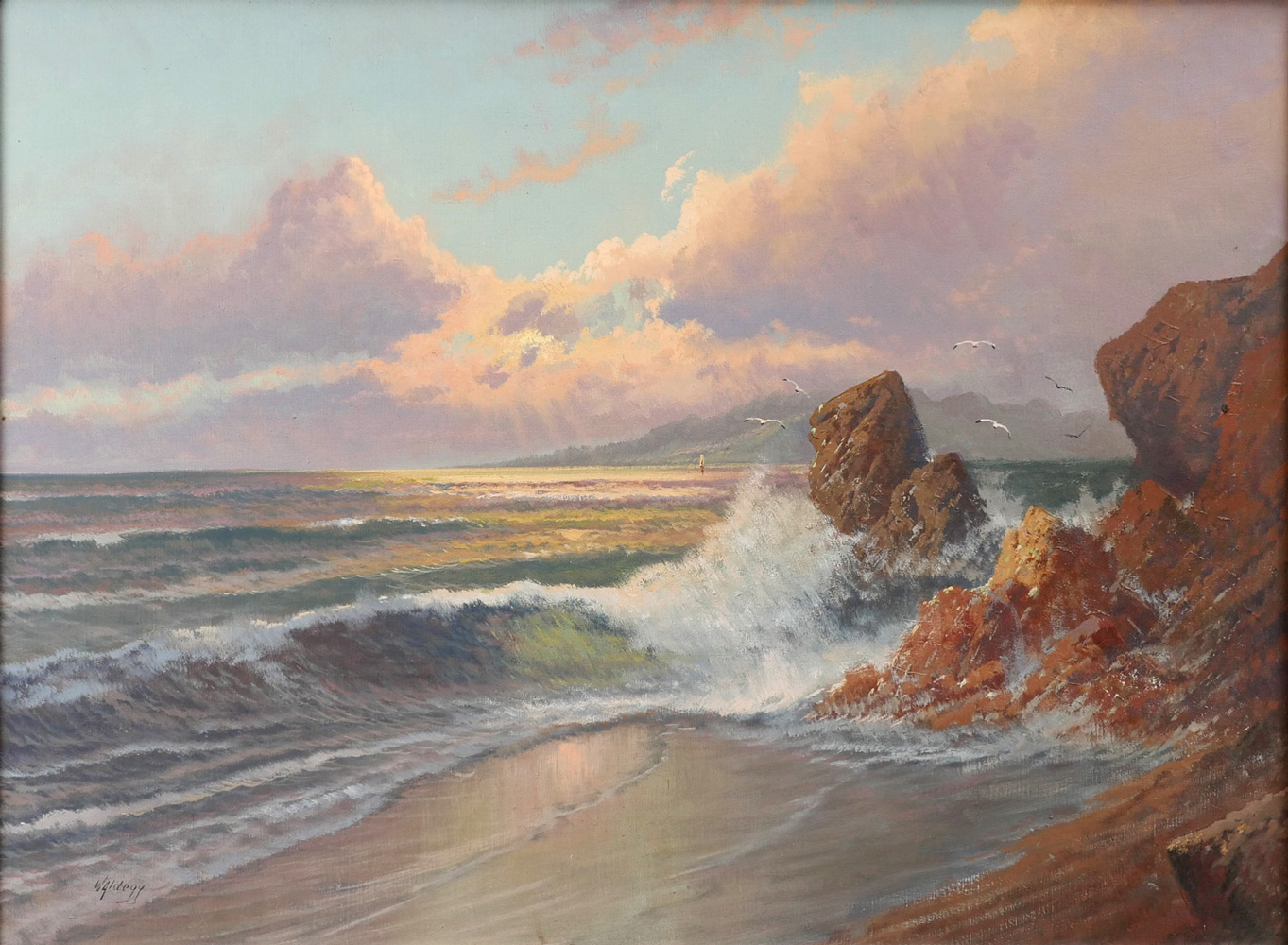 Appraisal: WALDEGG Franz Austrian - Sunlit Coast with Surf Crashing Oil