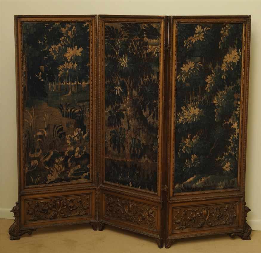 Appraisal: ITALIAN RENAISSANCE REVIVAL GILTWOOD THREE PANEL FLEMISH TAPESTRY SCREEN Each