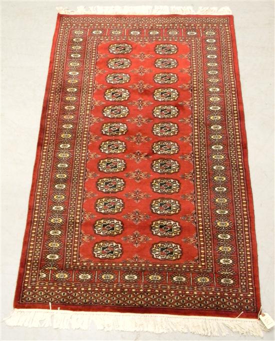 Appraisal: Bokhara pattern rug with red field handknotted ' '' l