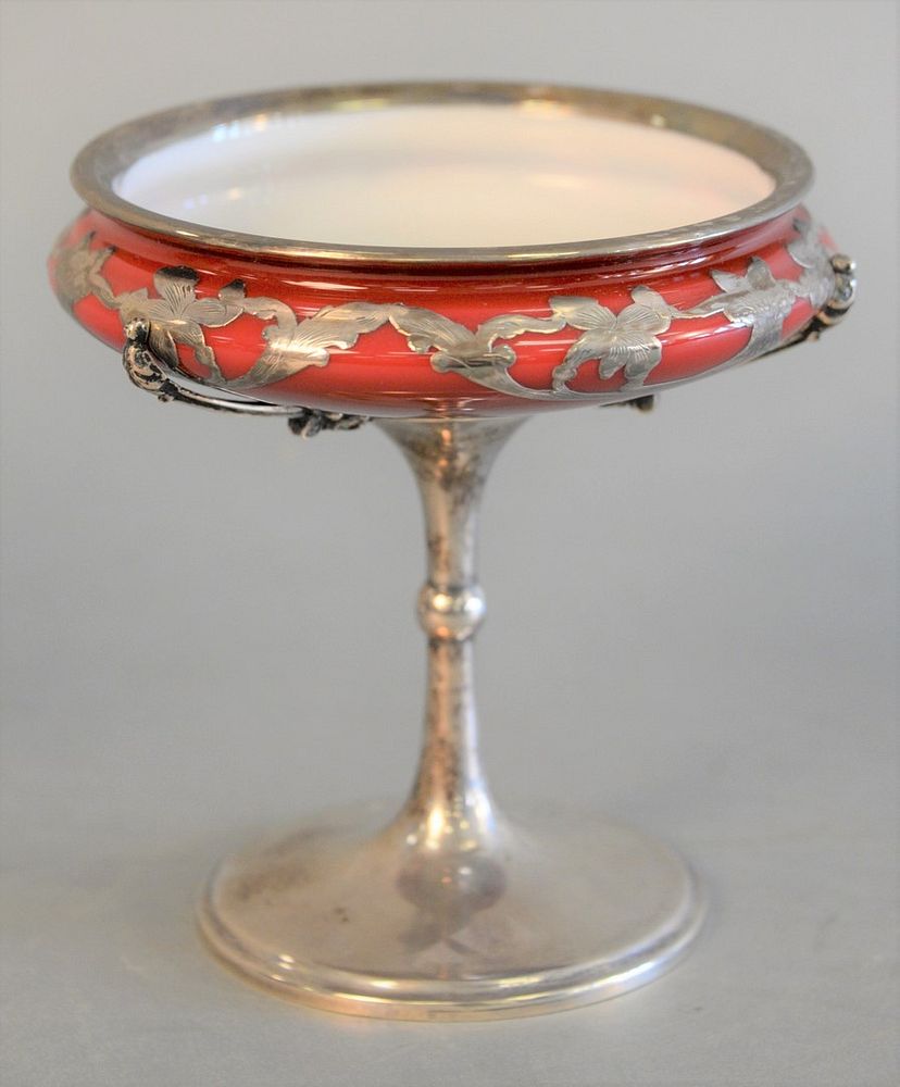 Appraisal: Red cased glass and sterling silver with silver overlay compote