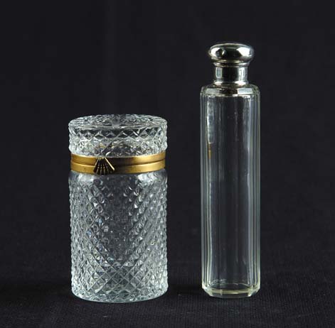 Appraisal: TWO GLASS METAL DRESSER JARS Jar has all over diamond