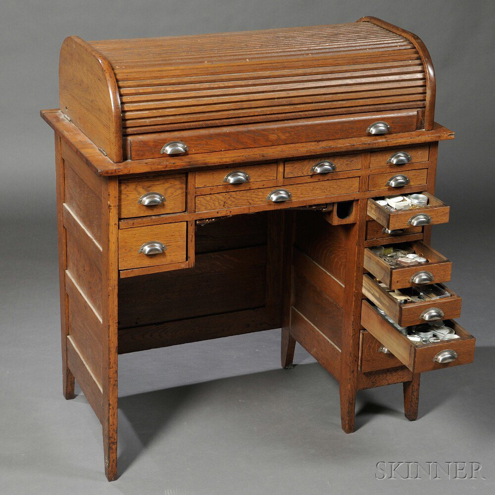 Appraisal: Oak Roll-Top Watchmaker's Bench by J H Roseberg Chicago fitted