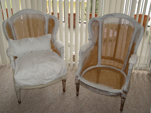 Appraisal: PAIR LOUIS XVI FRENCH STYLE FAUTEUIL CHAIRS PAINTED IN THE