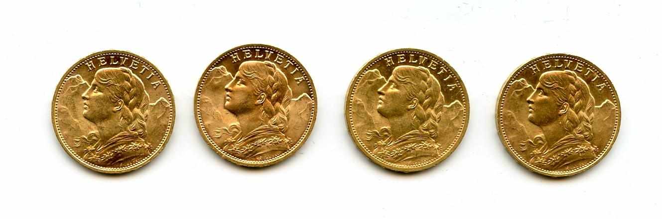 Appraisal: Switzerland Gold Francs KM- An attractive lot each coin displaying