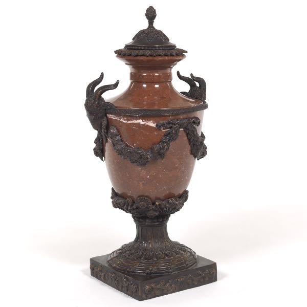 Appraisal: NEOCLASSIC STYLE PATINATED BRASS AND CARVED ROUGE MARBLE URN VASE