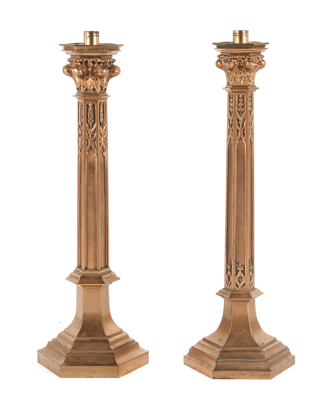 Appraisal: Pair of Ecclesiastical style bronze candlesticks th century gothic style