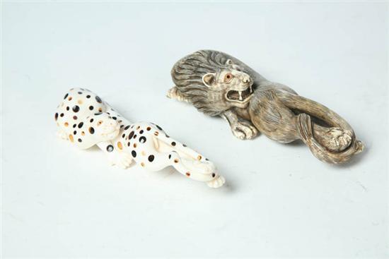 Appraisal: TWO IVORY CARVINGS Asian th century Leopard with inset tortoise