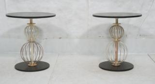 Appraisal: Pr Black Stone Round Side Tables Silver rod cage form