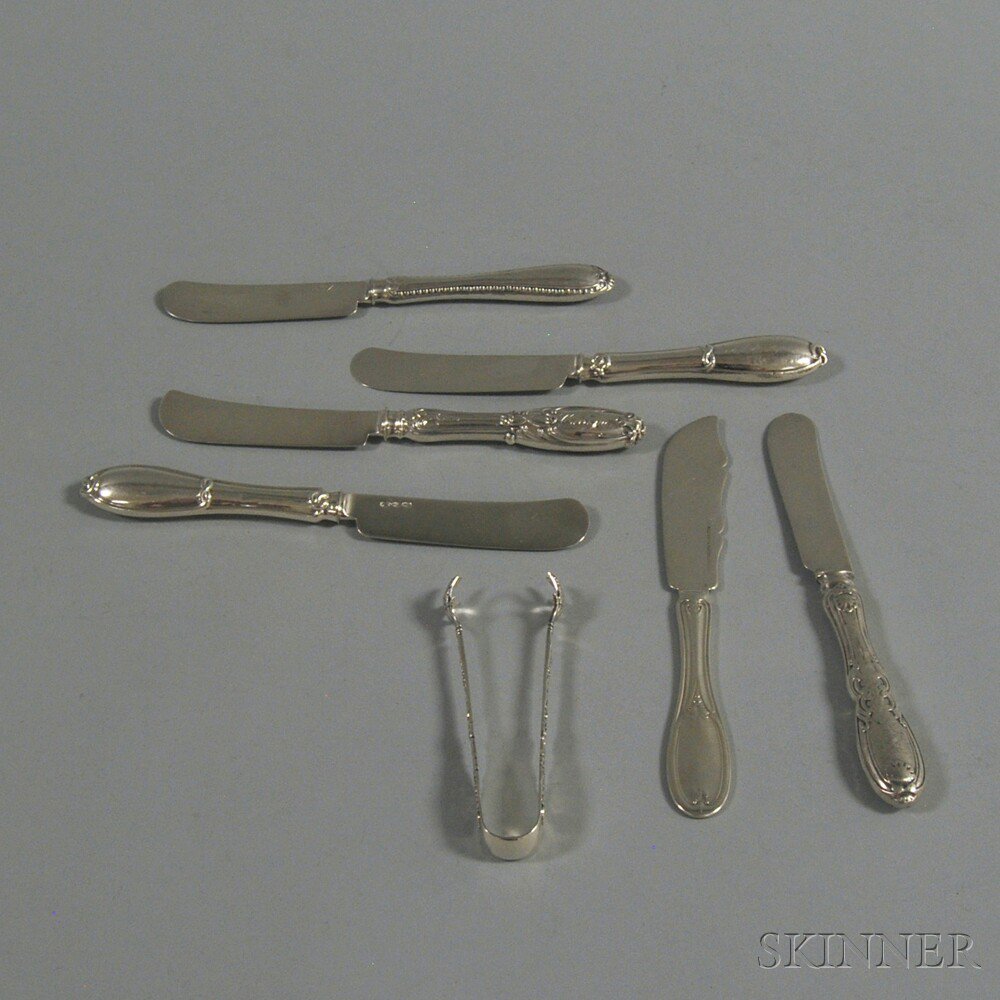 Appraisal: Six Silver-handled Knives and a Pair of Sugar Nips five