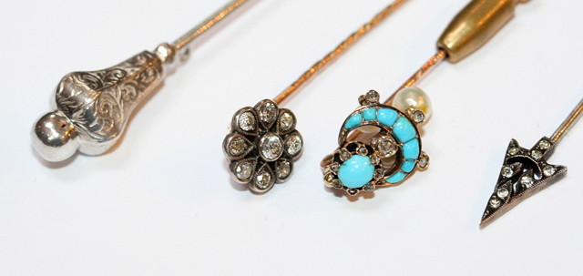 Appraisal: A TURQUOISE DIAMOND AND PEARL STICK PIN turquoise set crescent