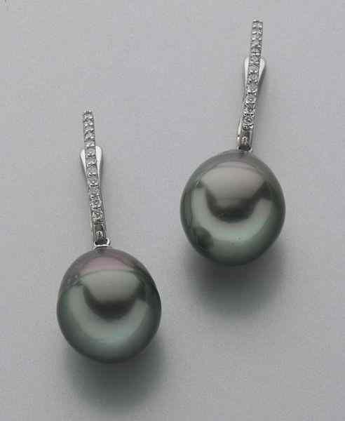 Appraisal: Pr Tahitian pearl earrings with diamond hoopsfeaturing a pair of