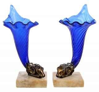 Appraisal: Pair Cobalt Glass Rams Head Cornucopia Vases French late th