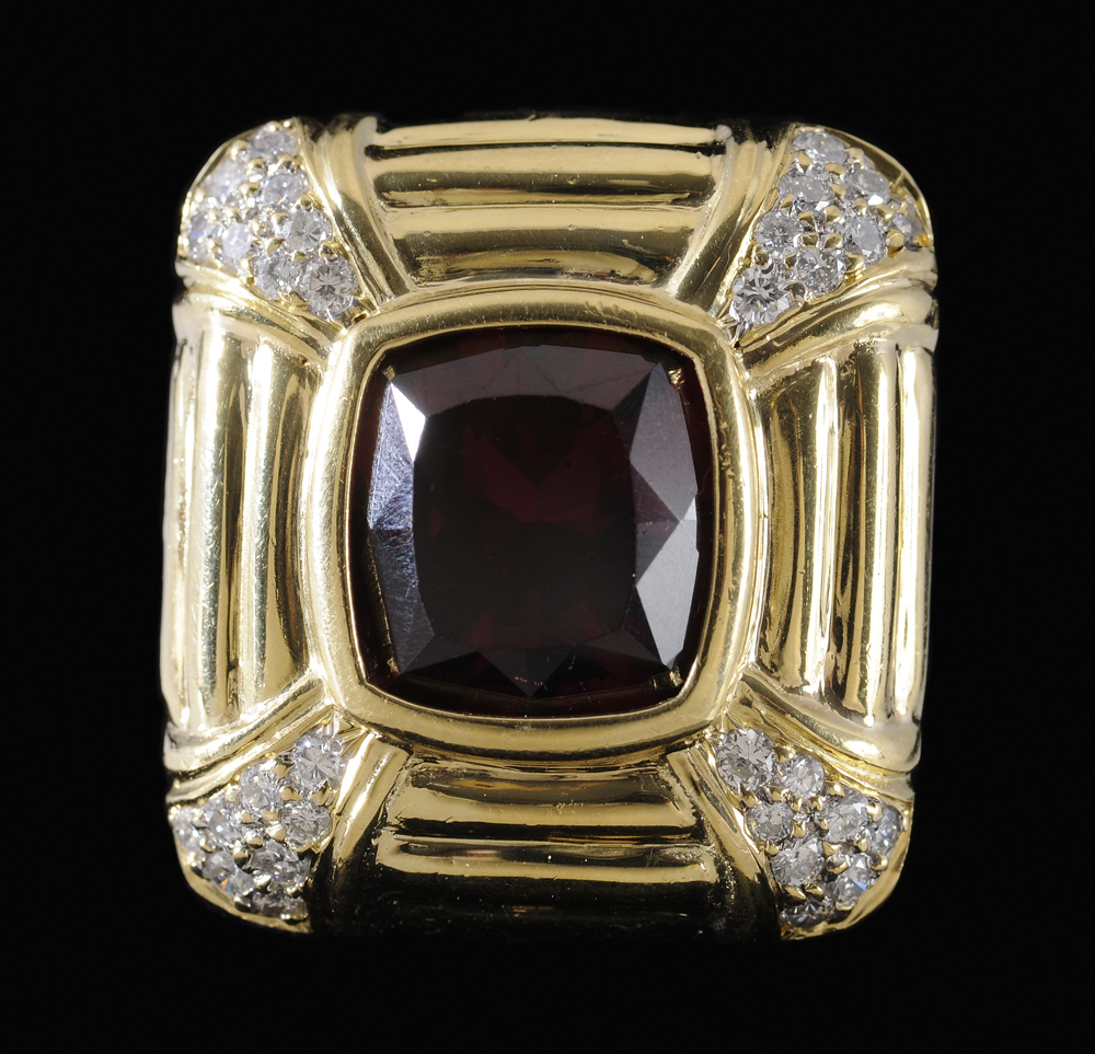 Appraisal: Garnet and Diamond Ring central square cushion mixed-cut red garnet