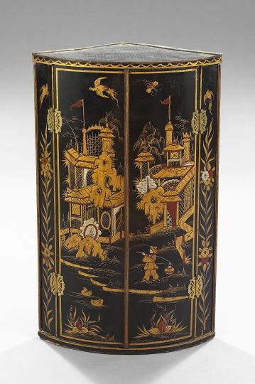 Appraisal: Georgian-Style Black Lacquered Hanging Bowfront Corner Cabinet late th century