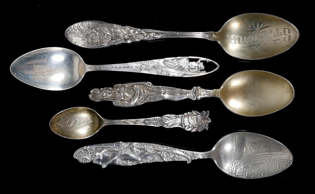 Appraisal: Five sterling silver souvenir spoons each with Native American imagery