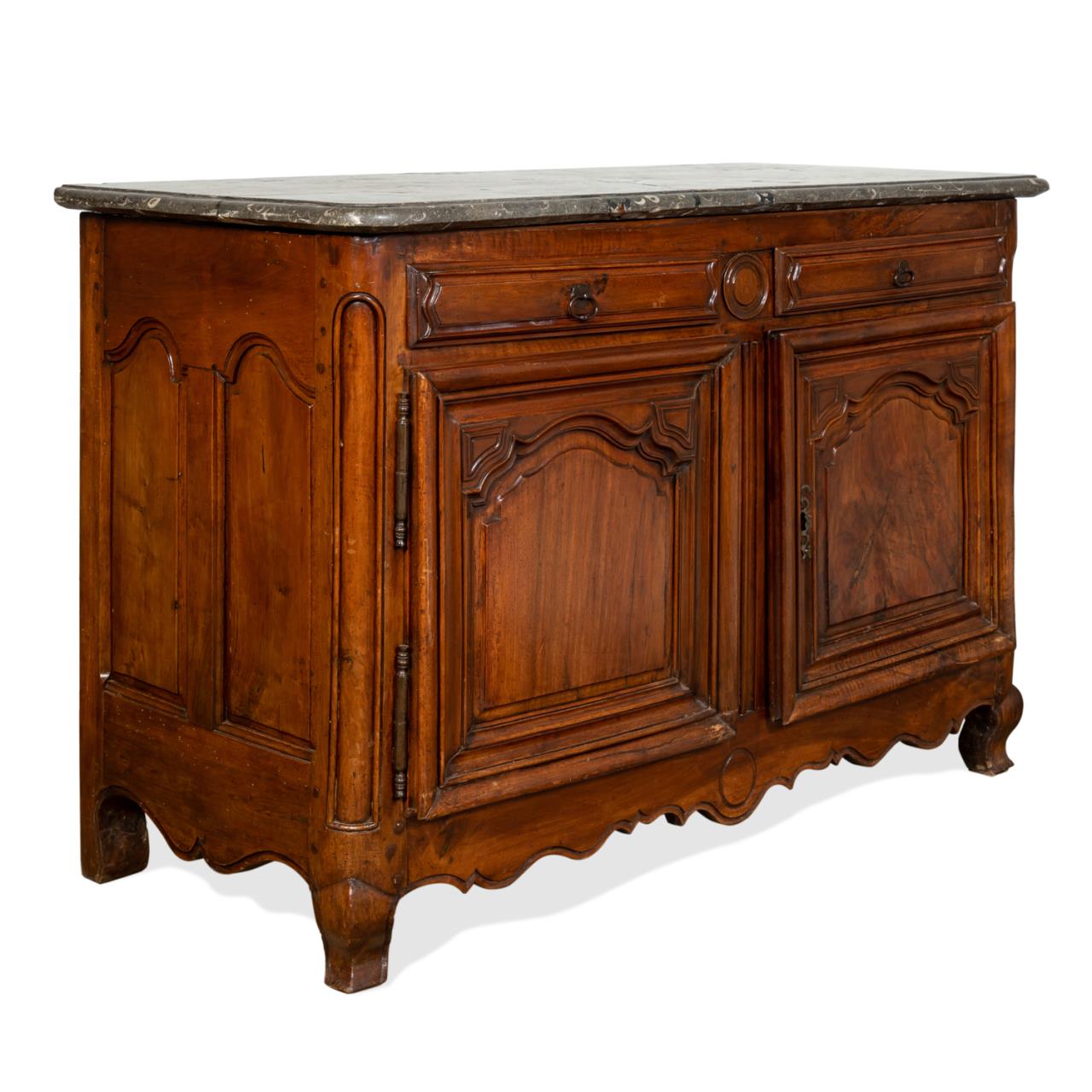 Appraisal: FRENCH PROVINCIAL STYLE MARBLE TOP TWO DOOR BUFFET French Louis