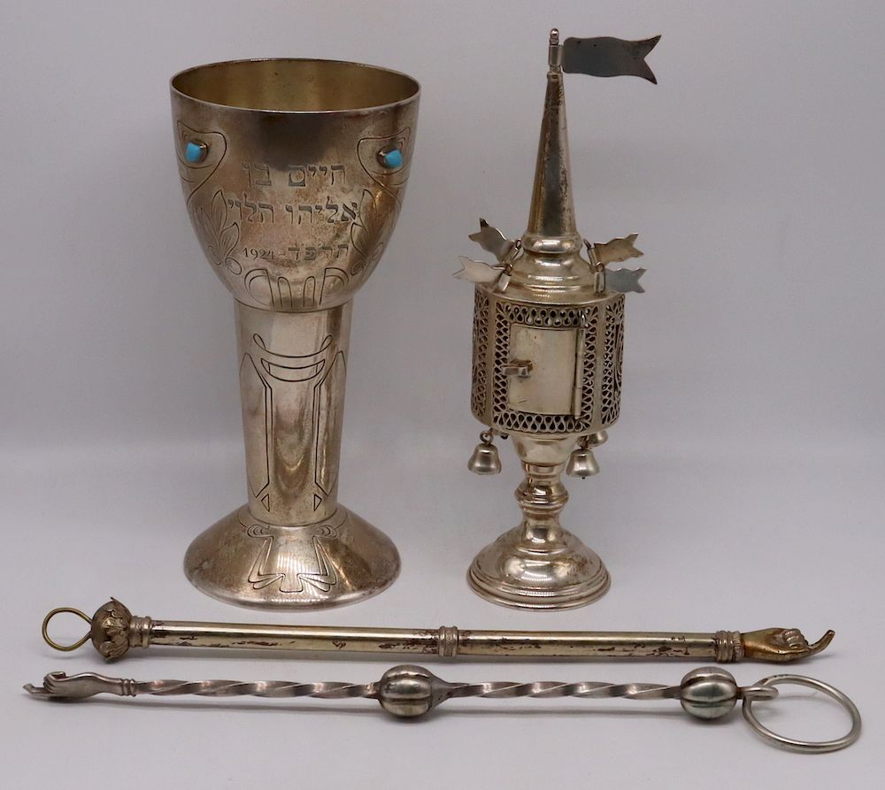 Appraisal: JUDAICA Grouping of Silver Judaica Tablewares Includes a sterling spice